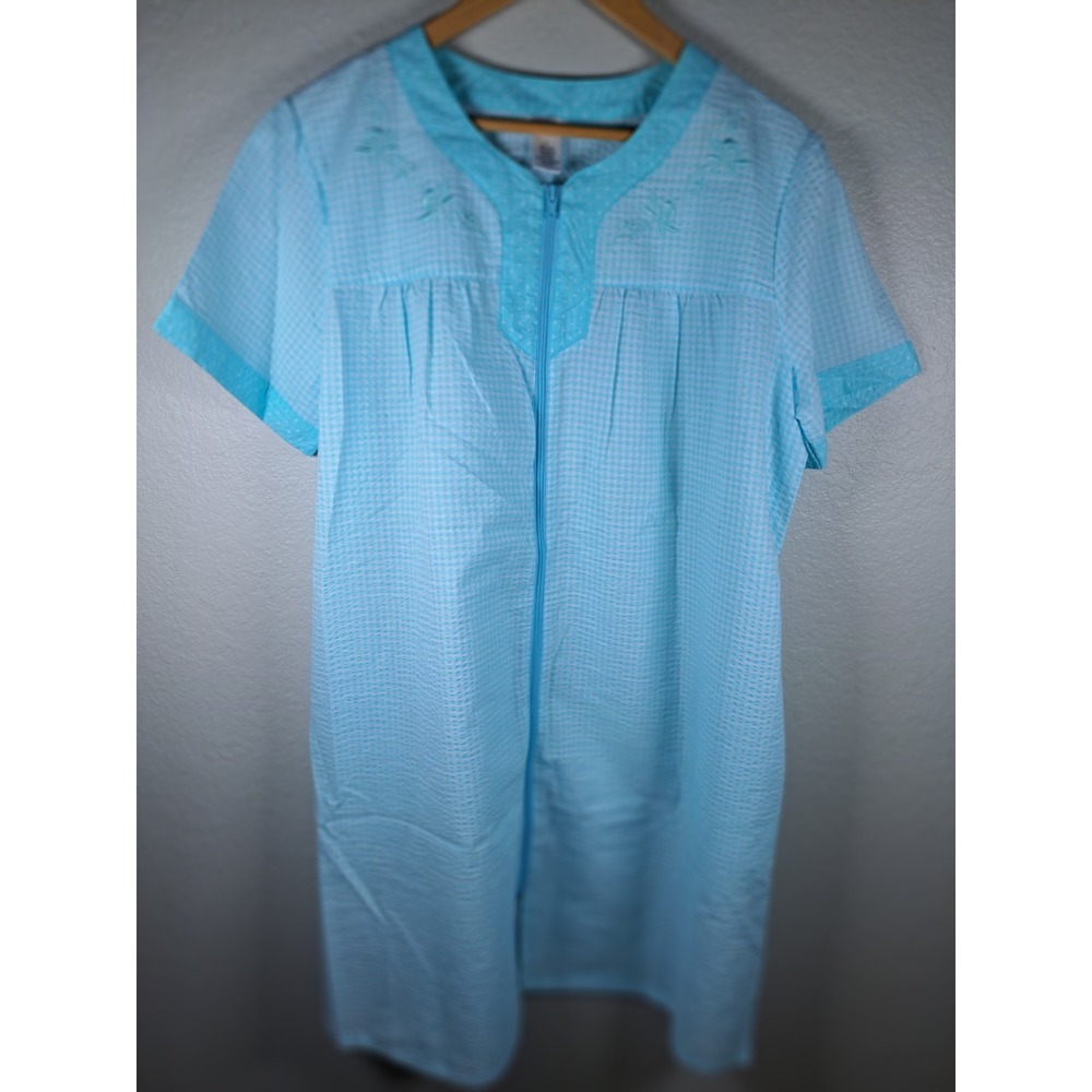 Croft & Barrow Intimates Blue Gingham Seersucker Zip Front House Dress Robe L